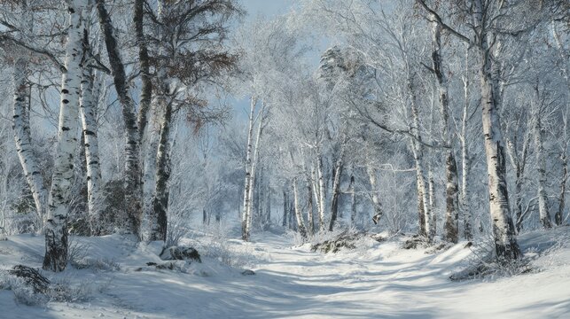 snowy birch trees winter wonderland forest scene - Powered by Adobe