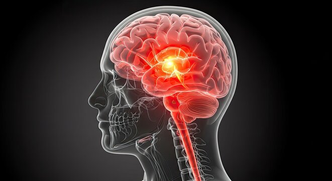 Medical illustration of human brain with glowing red area indicating neurological activity or pain