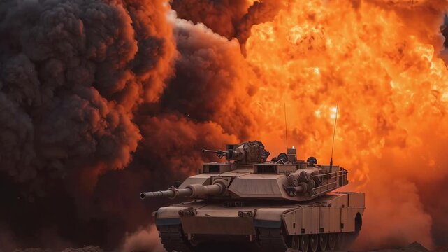 A tank is driving through a cloud of smoke and fire. The scene is intense and chaotic, with the tank being the only visible object in the midst of the destruction