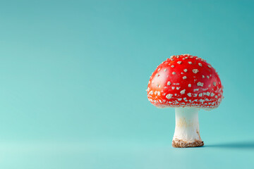 A bright red mushroom with white spots stands alone on a smooth turquoise backdrop, vibrant and crisp, perfect for stock use.