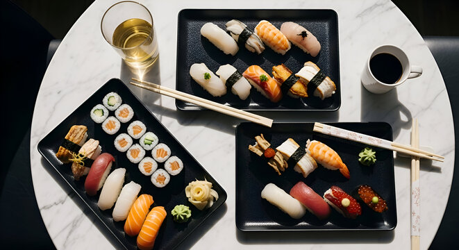 Exquisite Array Of Sushi Plates Served Alongside Drink And Coffee For Fine Dining