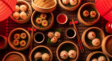 Exquisite Chinese Dim Sum Feast, Traditional Culinary Presentation, Tabletop Composition