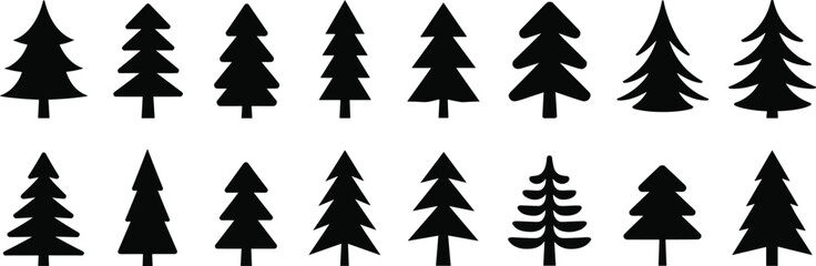 Evergreen tree silhouette illustration, sixteen stylized conifer shapes with varied branch structures black white layout, forest vector clipart artwork design