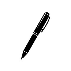 Silhouette of a black pen, a writing instrument, with a clip, used for writing and drawing.