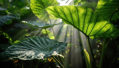Lush tropical leaves bathed in sunlight