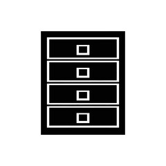 Vertical file cabinet with five drawers, black and white graphic.