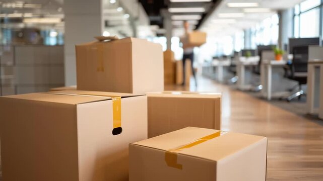 A room with boxes and chairs. The boxes are stacked and the chairs are arranged in rows. The room appears to be a warehouse or a storage area