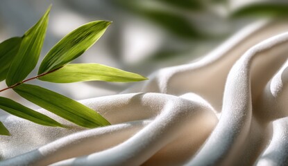 Soft cream-colored fabric draped with vibrant green leaves