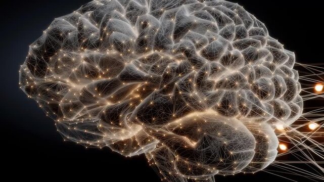 A brain with many connections and a lot of light. The brain is shown in a black background