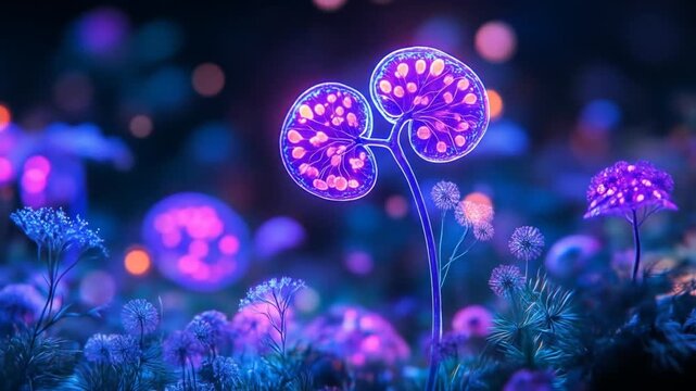 Glowing kidney-shaped plant in a vibrant night garden