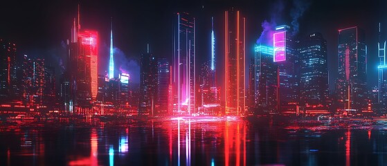 Vibrant neon cityscape at night reflecting in water futuristic urban glow