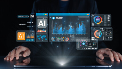 Fototapeta premium AI Assistant Brain Processor with LLM Technology, Big Data, Machine Learning, Generative AI for Business Support, Future Agentic AI Technology and Artificial Intelligence Prompt Engineering. Elide