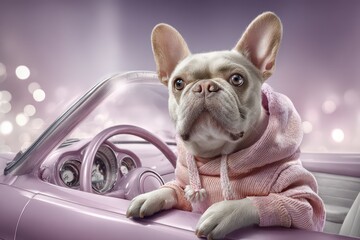 A charming French Bulldog puppy in a pink hoodie, riding in a pink convertible car, showcasing puppy's adorable expression against a blurred background.