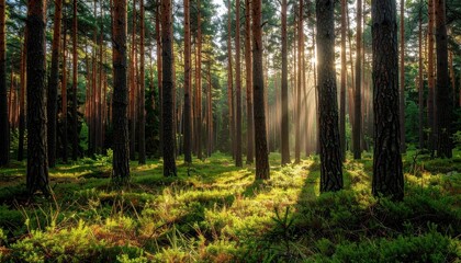 Obraz premium Forest sunlight beams through trees