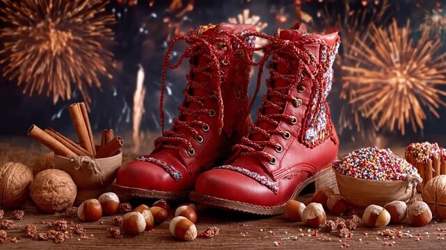 Red boots amid a festive scene set against a firework display surrounded by nuts cinnamon sticks and sprinklecovered desserts on a wooden surface
