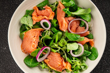Salmon Salad appetizer seafood fresh fish second course portion size natural product tasty snack fresh delicious gourmet food background on the table rustic top view copy space pescetarian diet