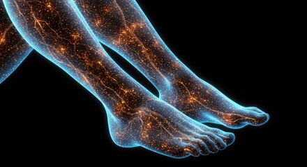 Close up of human legs and feet with glowing neural network and circulatory system