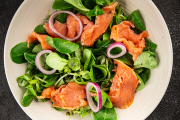 Salmon Salad appetizer seafood fresh fish second course portion size natural product tasty snack fresh delicious gourmet food background on the table rustic top view copy space pescetarian diet