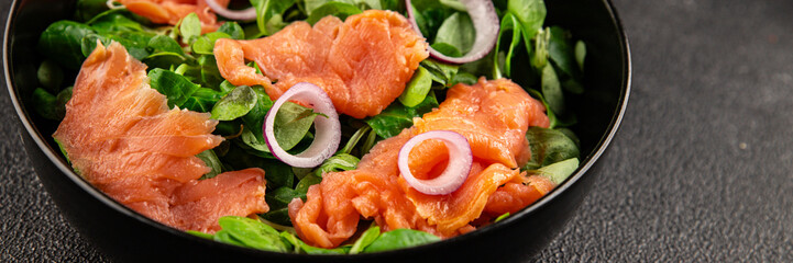 Salmon Salad appetizer seafood fresh fish second course portion size natural product tasty snack fresh delicious gourmet food background on the table rustic top view copy space pescetarian diet