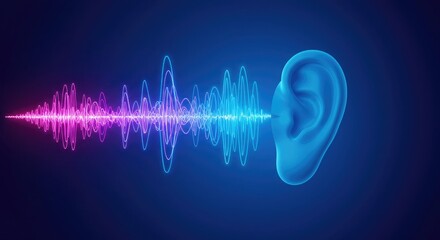 Abstract sound wave energy entering a human ear with vibrant neon light effects