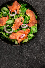 Salmon Salad appetizer seafood fresh fish second course portion size natural product tasty snack fresh delicious gourmet food background on the table rustic top view copy space pescetarian diet