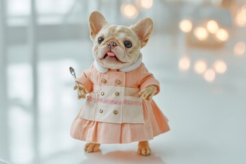 A charming French Bulldog puppy dressed as a chef, playfully holding a spoon, evoking a sense of whimsy and culinary creativity against a softly blurred background.