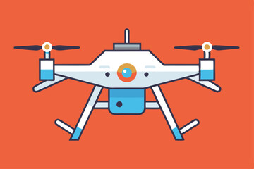 Simplified white drone with blue accents is featured on an orange background
