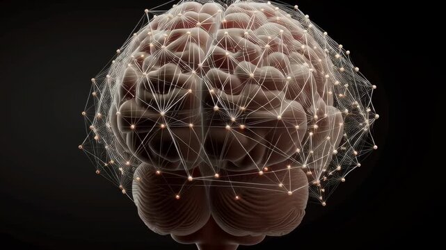 A brain made of wires and lights. The brain is surrounded by a web of wires and lights