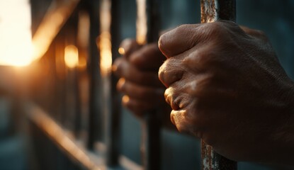Hands clasped on metal bars at sunset