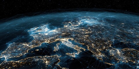 European continent at night, showing city lights and interconnected networks
