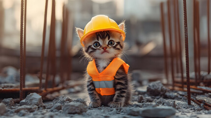 Cute kitten in construction gear at building site - playful pet and engineering fun
