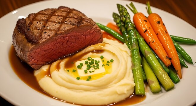 Exquisite grilled filet mignon accompanied by a creamy mashed potato dish