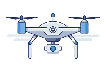 Cartoon drone featuring blue accents and a camera hovers against the white background