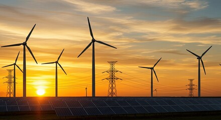 Silhouette of wind turbines against a vibrant sunset sky with power lines
