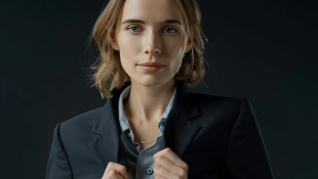 A woman is standing in front of a computer screen with the word AI written in the background. Concept of technology and innovation, as the woman is likely working in a field related to AI