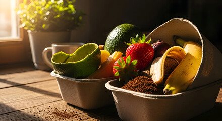 Eco-friendly food waste ready for composting with fruits and coffee grounds close up