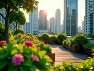Fototapeta premium A peaceful urban garden with blooming flowers and city skyscrapers at sunrise.