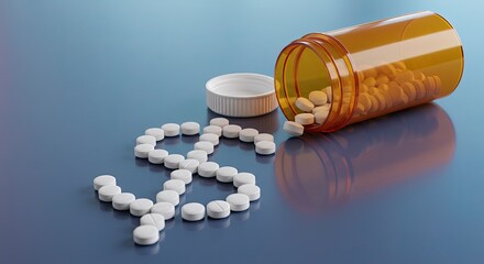 Medical pills formed into a dollar sign next to an orange prescription bottle