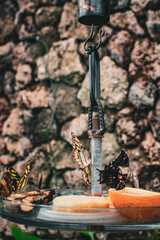 Butterflies gather around fruit at a feeding station in Denmark's serene landscape
