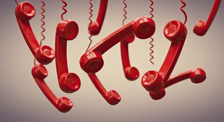 Collection of vintage red telephone receivers hanging by their cords against a muted background