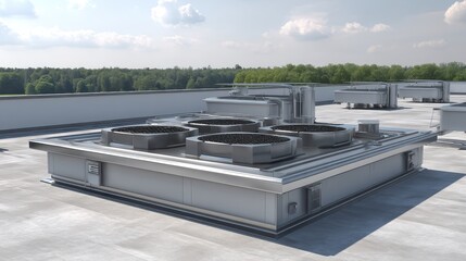 Obraz premium Roof-top HVAC system with cooling units and bright sky backdrop
