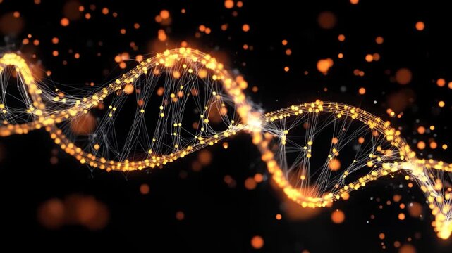 Exploration of DNA strands enhanced by digital data processing in a dark environment, dna strand and digital data processing over black background - Powered by Adobe