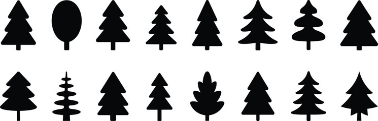 Tree silhouette illustration, fifteen stylized tree shapes coniferous and deciduous forms black white layout, nature vector clipart artwork design © Shahadot Creatives