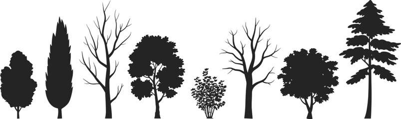 Obraz premium Tree silhouette illustration, eight different tree shapes with varied foliage and branching styles black white layout, nature vector clipart artwork design