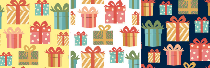 set gift boxes seamless pattern birthday party holidays celebration surprise present christmas packaging festive wrapping paper posters