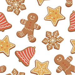 merry christmas gingerbread cookies and snowflakes seamless pattern with stars and bells on a white background
