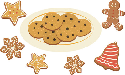 christmas cookies set plate of chocolate chip cookies and decorative gingerbread stars vector elements