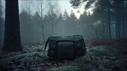 Rugged Outdoor Bag in Misty Forest Setting with Soft Light