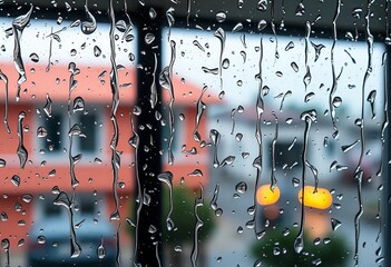 Large raindrops cascading down a windowpane, blurring the outdoor view, macro, landscape