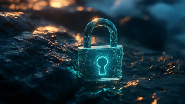 Glowing teal lock on dark water over rocks